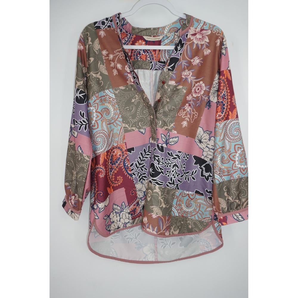 Soft Surroundings Blouse Womens Petite Medium Multi Patchwork‎ Floral Paisley